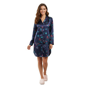 Intimate Moments Blue Floral Satin Nightgown Nightshirt Y2K Retro Look Elegant M